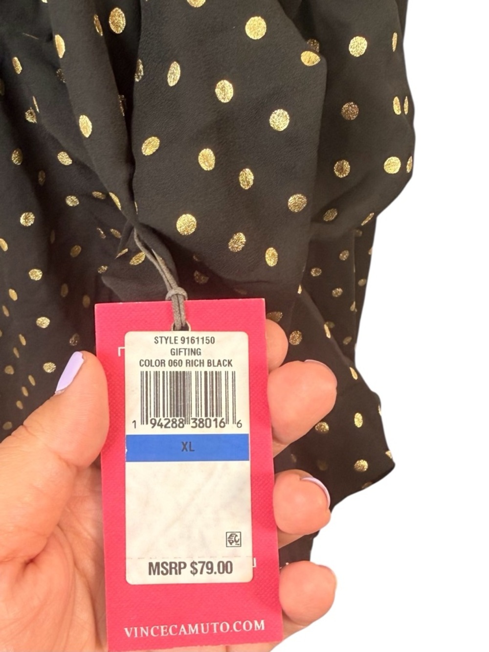 Vince Camuto, Black and Gold Polka Dot Off the Shoulder Blouse, Size XL NWT - Picture 7 of 8